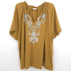 J. Jill floral embroidery fluttered short sleeve top Size 3X mustard yellow Boho
